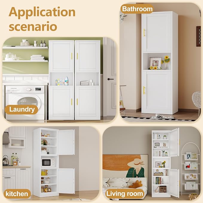 67" H Metal Tall Narrow Storage Cabinet, Freestanding Floor Cabinet with 2 Doors and Adjustable Shelves, Pantry Storage Cabinets for Bathroom, Living Room, Entryway and Kitchen (White)