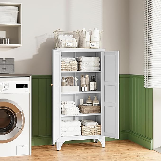 Letaya 47.3" H Metal Storage Cabinet with 2 Doors and 3 Shelves,Freestanding Bathroom Floor Cabinets,Kitchen Pantry Cabinets,Utility Pantry Organizers for Cupboard/Dining/Home Office/Garage,White