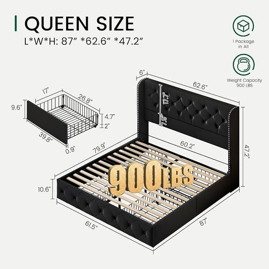 LARMACE Queen Size Bed Frame with 4 Storage Drawers and 47.2" Tall Wingback Headboard Upholstered Platform Beds Velvet Tufted Bed Frame with Wooden Slats Support, Easy Assembly, Black