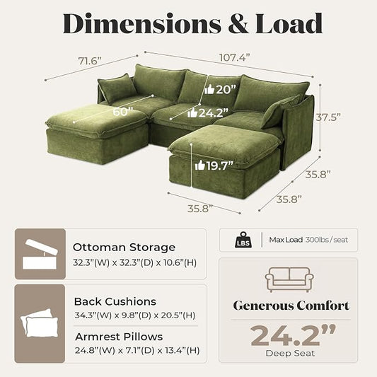 Cloud Modular Sectional Sofa, Oversized Deep Seat Comfort, Luxe Chenille | Fully Removable Washable Covers, Memory Foam Seat Cushions, Storage Ottoman, Premium Fabric