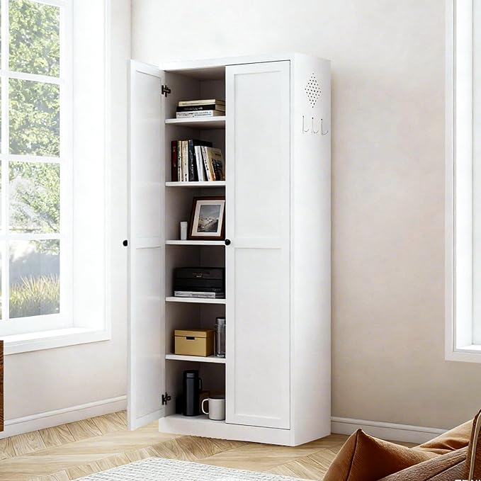 72" H White Metal Kicthen Pantry Storage Cabinet 6-Tier Cupboard | Storage Cabinet with 5 Adjustable Shelves for Kitchen, Living Room, Heavy Duty Utility Cabinet, Assembly Require