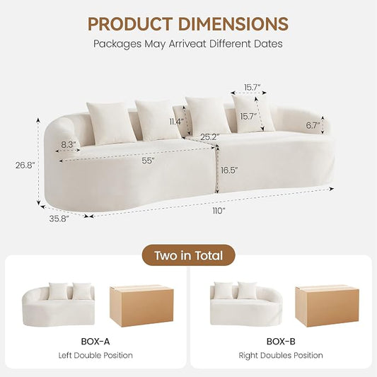 110" Boneless 4 Seater Sectional Sofa, Chenille Oversized Curved Cloud Couch, Modern 4-Seater Deep Seat Couches for Living Room, No Assembly, Beige