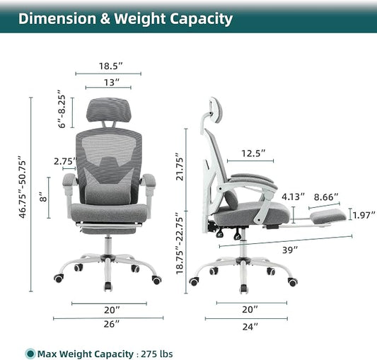 DUMOS Home Office Desk Chair with Footrest, High-Back Mesh Rolling Swivel Reclining Chairs with Wheels, Comfortable Headrest, Lumbar Support, Comfy Arms for Home, Office, Gaming, Student,Elegant Grey
