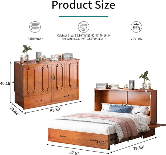 BALUS Queen Murphy Bed with Mattress Included, Cabinet Bed with Mattress & Built-in USB Ports & 2 Storage Drawers, Space-Saving Modern Murphy Beds Cabinet Guest Beds for Office -Cherry