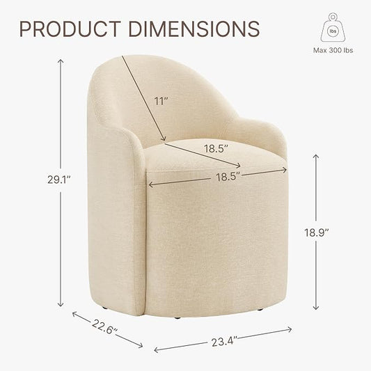 KISLOT Upholstered Dining Chairs with Casters, No Assembly Modern Dining Room Chairs Accent Vanity Chair with 5 Wheels & Round Backrest for Bedroom, Living Room, Dressing, Sand Fabric, Set of 1