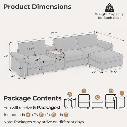 SITJOY Large Cloud Couch, 132" Wide 3 Seater Couch with Console, Navy Blue | Detachable and Washable Chenille Cover Sectional Sofas for Living Room, Deep Seat Wide Couch with Chaise, Storage Ottoman