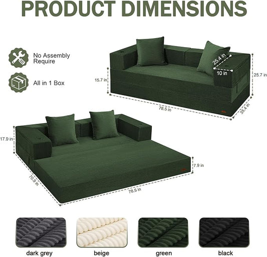 COMAX Futon Sofa Bed, Convertible Sofa Bed, Folding Boneless Couches | Boneless Couch for living room, 4‑in‑1 Fold Out Small Foldable Loveseat Floor Sleeper Mattress Lounge Space‑Saving