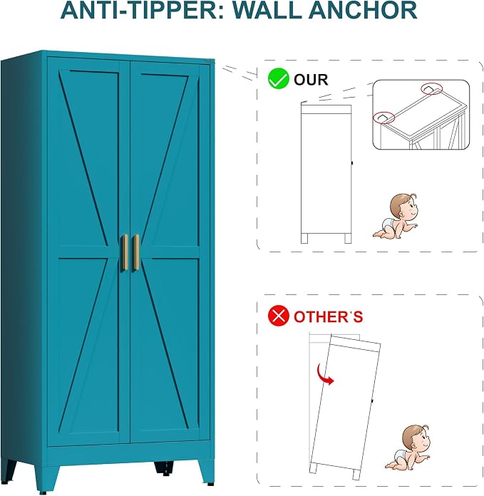 LCAOPC 71" Tall Metal Wardrobe Closet with Adjustable Shelves and Hanging Rod, 2 Doors Free Standing Armoire Wardrobe Cabinet for Bedroom, Office, Laundry Room, Blue