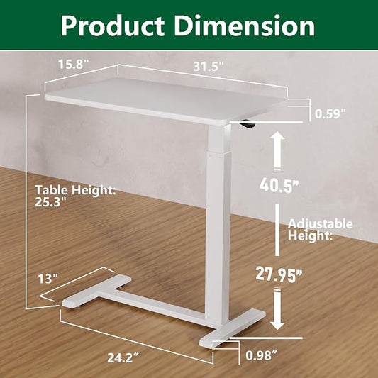 Ywin Medical Adjustable Overbed Bedside Table with Wheels, Rolling Standing Desk, Pneumatic Small Side Bed Table with Tray for Couch, Hospital, Home,Office Use (White)