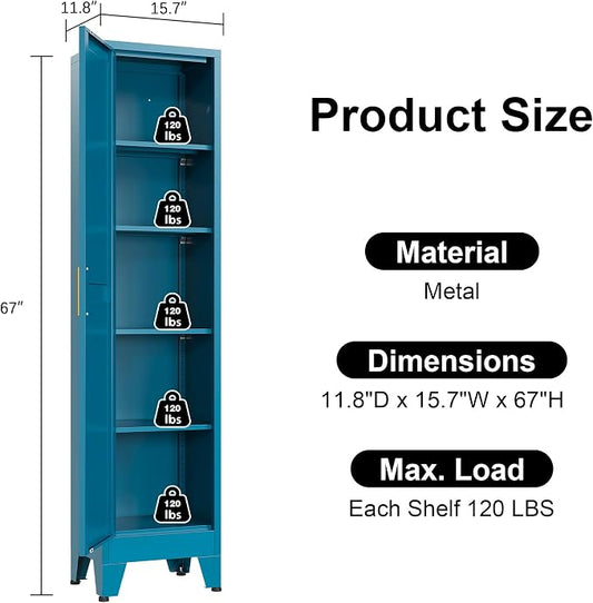 Narrow Bathroom Storage Cabinet Tall Metal Storage Cabinets with 4 Adjustable Shelves Freestanding 5 Tier Slim Pantry Cabinet for Kitchen Office Small Space Blue
