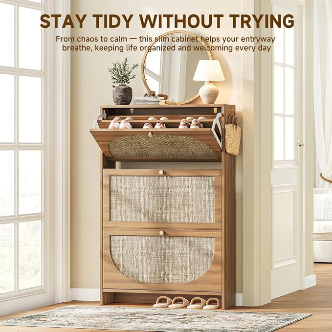 Nicetree Shoe Storage Cabinet for Entryway, Slim Arched Rattan Accent Shoe Cabinet with 3 Flip Drawers & 3-Tier Adjustable Shelves, Modern Boho Shoe Storage Cabinet, Narrow Shoe Rack for Small Spaces