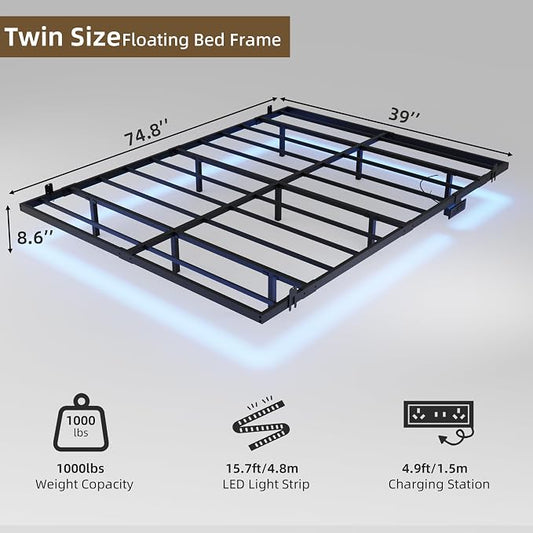 Floating Bed Frame Twin Size with Charging Station and LED Lights, Metal Platform Bed Frame, No Box Spring Needed, Easy Assembly, (Twin)