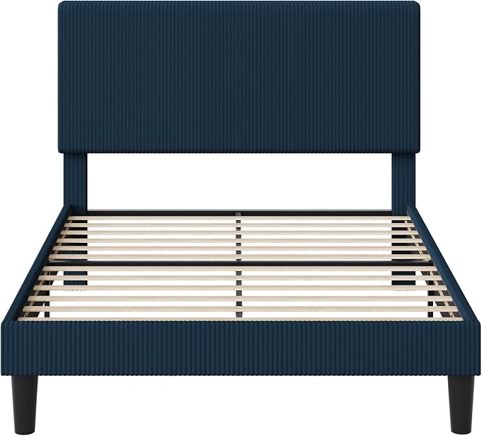 Allewie Full Size Upholstered Bed Frame with Vertical Channel Tufted Headboard, Soft Corduroy Fabric Platform Bed, Strong Wooden Slats Support, Easy Assembly, No Box Spring Needed, Dark Blue