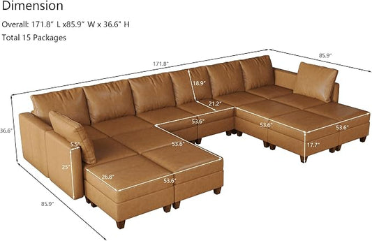EASE MOOSE Large U Shaped Modular Sectional Sofa with Storage, Faux Leather Oversized Modular Sectional Couch with Chaises for Living Room