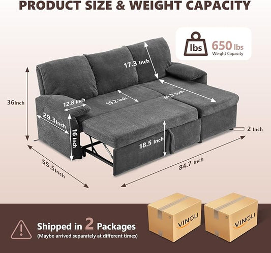 VINGLI Sectional Sleeper Sofa with Pull Out Couch Bed, 85 Inch L-Shaped Convertible Sofa Bed, 5 Seat Modular Sectional Couches for Living Room with Storage Chaise, USB Charging, Side Pockets