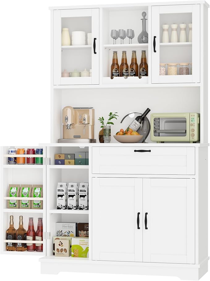 Shintenchi Kitchen Pantry Storage Cabinet, Freestanding Buffet Cabinet with Microwave Stand & 3 Door Shelves, Kitchen Hutch with Doors, Adjustable Shelves and Wine Rack, White