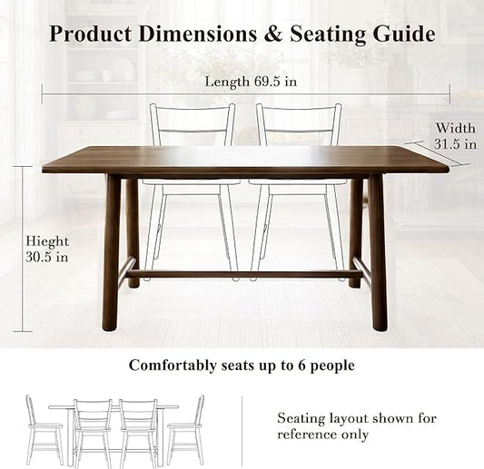 Ya-Home Walnut Dining Table, 69" Wood Kitchen Table with Solid Wood Legs, Seats 4-6, Modern Farmhouse Dinner Table for Dining Room Home Office