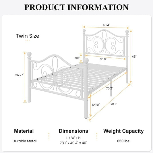 SHA CERLIN Twin Size Bed Frame for Kids,Metal Bed Frame with Butterfly Pattern Design Headboard & Footboard,No Box Spring Needed,Easy Assembly,White