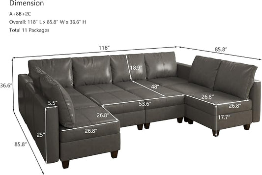 EASE MOOSE Modualr Sectional Couch U Shaped Sofa with Storage Ottomans, Gray Faux Leather Sectional Sofa Modular Couch