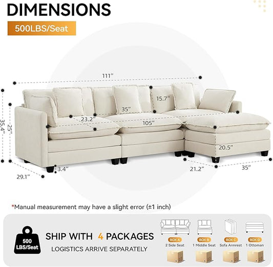 111'' Sectional Cloud Deep Seat Couch, Modern Comfy Chenille L Shaped Sectional Sofa for Living Room Set, Upholstered Modular 4-Seats Sofa Couch with Movable Ottoman, Beige