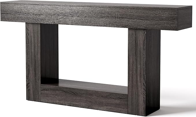 LITTLE TREE 63 Inches Long Console Table, 2-Tier Farmhouse Sofa Table Behind Couch, Large Narrow Entryway Table for Living Room, Wooden Hallway Foyer Table with Heavy Duty Base, Grey