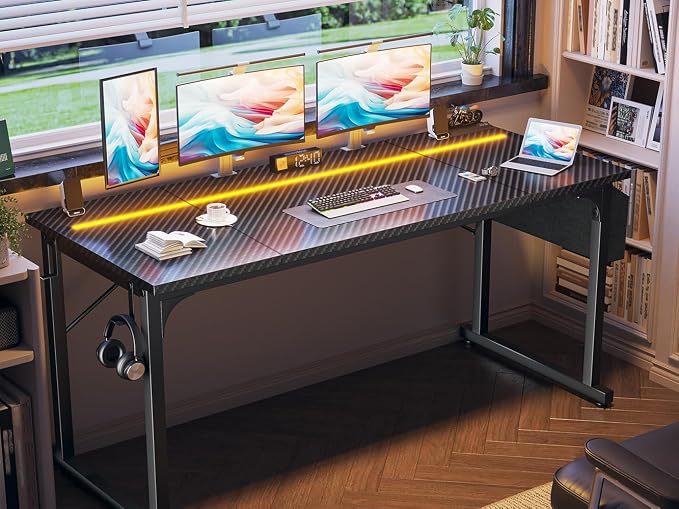 DurayLoly 63" Gaming Desk with LED Lights,Computer Desk with Storage Bag for Home Office, Long Desk with Headphone Hook for Study Writing Work Wood Desk,Sturdy Metal Frame,Bedroom,Black