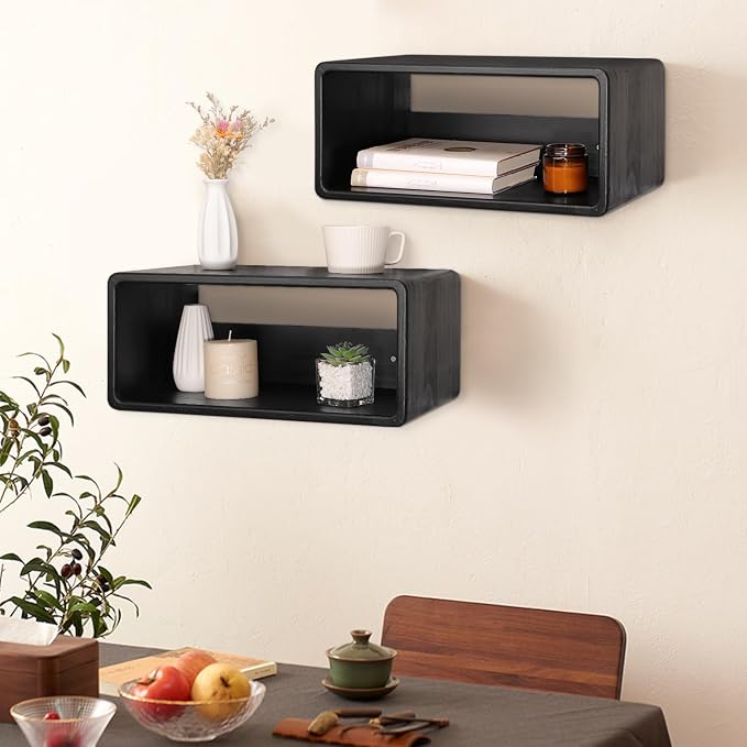 Floating Nightstand Oak Wooden Shelf Wall Mount - Stylish & Minimalistic Bedside Shelf Hanging Storage Phone Rest Side Table for Bedroom Office Home Decor Black 18”x 10”x 7.5”