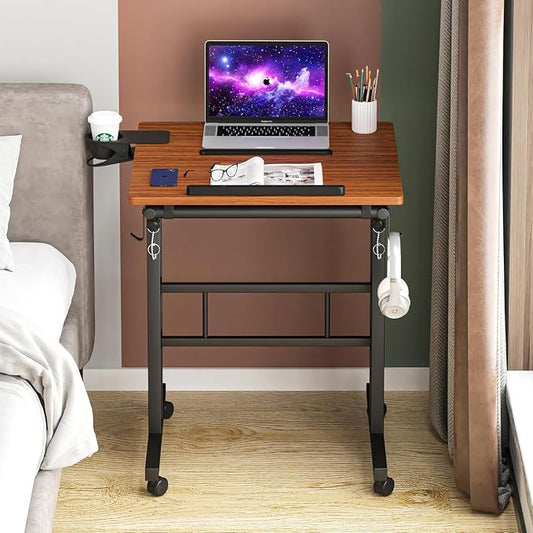 Klvied Stand Up Desk on Wheels, Portable Computer Desk for Home Office,Rolling Desk for Laptop with Removable Cup Holder, Adjustable Laptop Cart for Standing or Sitting,Walnut