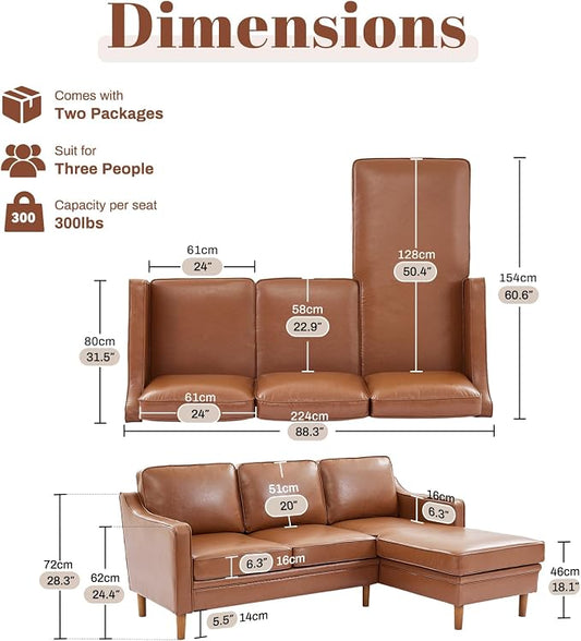Kingfun 88" L-Shape Sofa, Faux Leather Sectional Couch, Mid Century Modern Couches with Solid Wood Frame for Living Room Bedroom