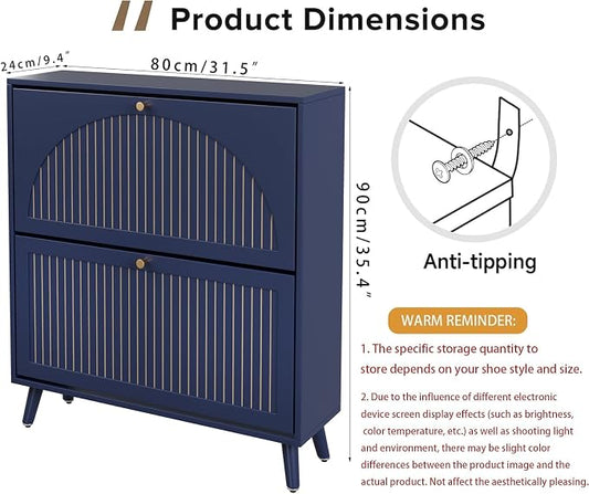 Fsbecl Shoe Storage Cabinet for Entryway with 2 Flip Drawers, Narrow Wood Shoe Cabinet with Fluted Panel, Freestanding Hidden Shoe Organizer for Foyer, Hallway (Blue - with Shelf)