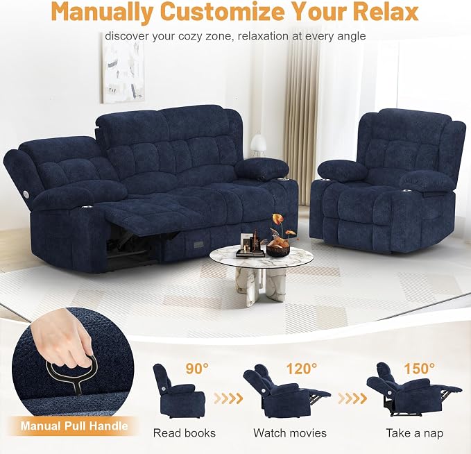 Dresegmt Loveseat Recliner Sofa Set, Flip Middle Backrest Design 3 Seater Reclining Sofa and Single Oversized Recliner Chair, Manual Couches for Living Room/RV (Blue, 3+1)