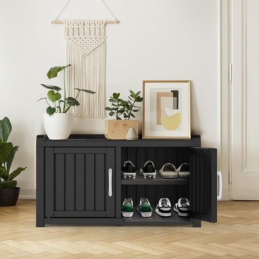 DRATO Indoor Outdoor Shoe Storage Cabinet, Waterproof Shoe Cabinet with Adjustable Shelves, Multifunctional Resin Storage Bench for Entryway, Foyer, Hallway (Black, Duble Doors)