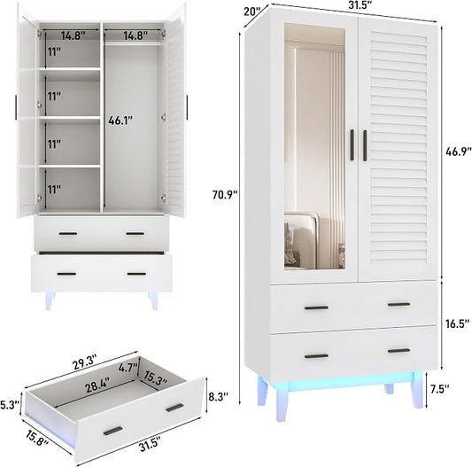 jiteentarou 2 Door Armoire Wardrobe Closet Cabinet with Drawers and LED Lights, Multi-Tier Shelves, Hanging Rod & 2 Louver Doors, Large Capacity Storage Wardrobe Armoire for Bedroom(2 Doors White)
