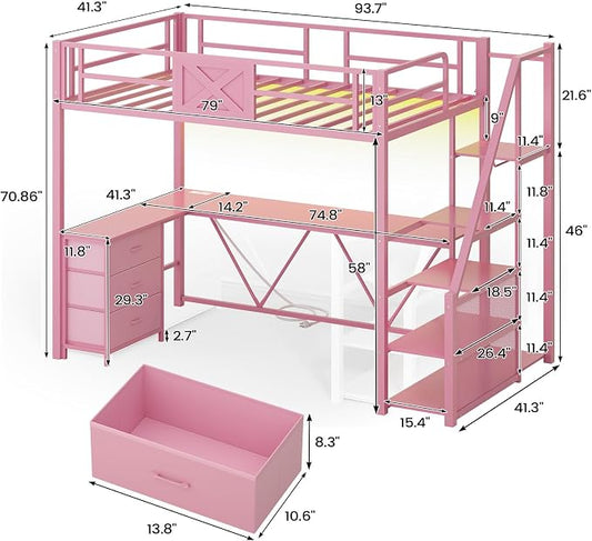 Itaar Stairway Twin Size Loft Bed with L Shaped Desk and Wardrobe, Metal Loft Bed Frame with Stairs, 3 Fabric Drawers, LED Lights & Charging Sation, No Noise & No Box Spring Needed, Pink