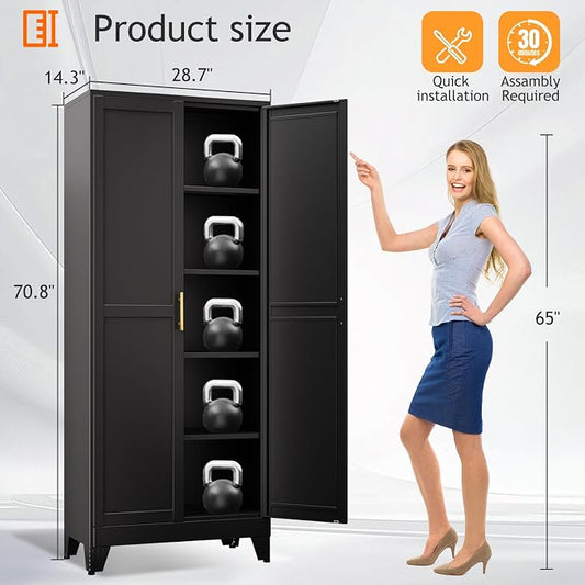 PAOFIN 71" Tall Metal Pantry Storage Cabinet with Doors and 4 Adjustable Shelves, Black Kitchen Food Pantry Cabinets, Tall Freestanding Cupboard for Kitchen, Dining Room or Living Room, Black