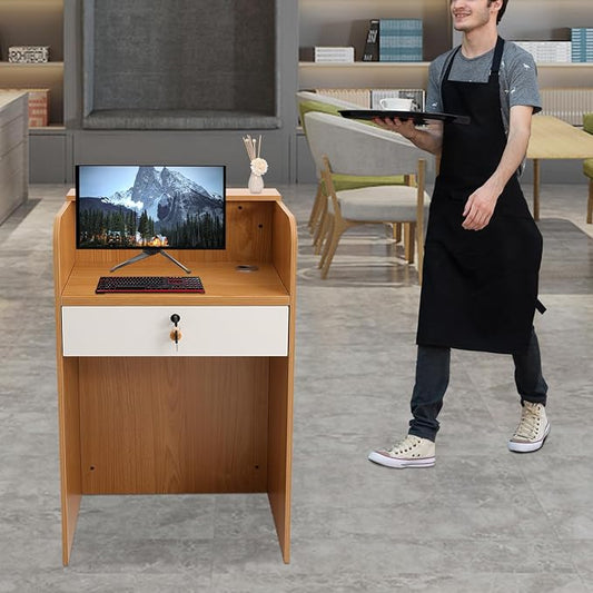 CNCEST L-Shaped Small Space Reception Desk with Locking Storage & LED Light, Modern Oak Front Desk Checkout Counter for Hotel, Shop, Beauty Salon, Office