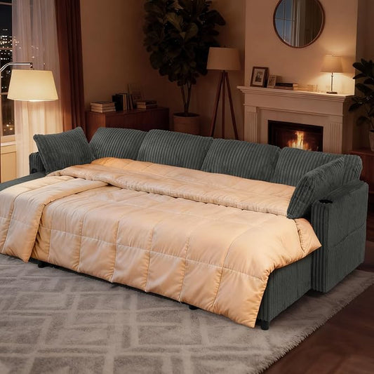 110" Corduroy U-Shape Sofa Bed with Adjustable Backrests, Upholstered Pull Out Sofa Bed with USB Ports, Convertible Sectional Sleeper Couch with Storage Chaise for Living Room, House, Grey