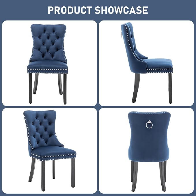 Mid Century Modern Dining Chair Set of 8 Velvet Upholstered Dining Accent Chair Farmhouse Dining Chairs with High Back and Nailhead Trim for Kitchen, Living Room, Bedroom (Blue)