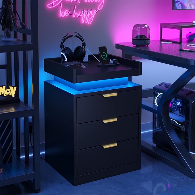 knoworld LED Nightstand with Charging Station & USB Ports, 3-Drawer Bedside Table with Adjustable RGB LED Lights, High-Gloss Modern Nightstands for Bedroom, Black