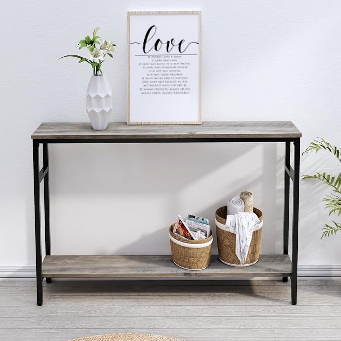 Timberer Narrow Console Table, 47 Inch Sofa Table with Adjustable Shelf, 2-Tier Long Skinny Table for Hallway, Entryway, Living Room, Foyer, Grey