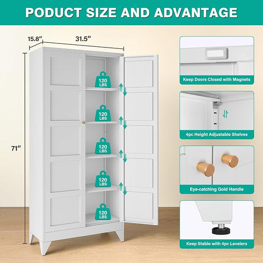SISESOL Pantry Storages Cabinet with 2 Doors and 5 Shelves,Tall Storage Cabinet,Large Cupboard Closet,Metal Storage Cabinet for Home,Bathroom,Dining/Living Room (White, 71" H)