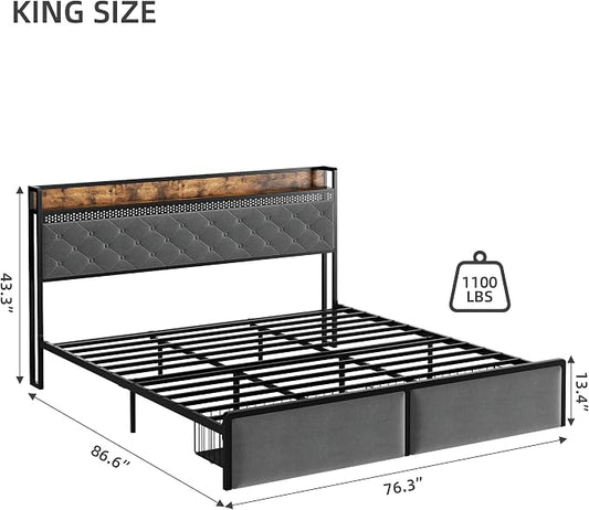 GarveeHome King Bed Frame with 2 Storage Drawers, LED Bed Frame with 2-Tier Storage Headboard&Charging Station, Metal Platform Bed Frame, No Box Spring Needed, Noise Free, Grey