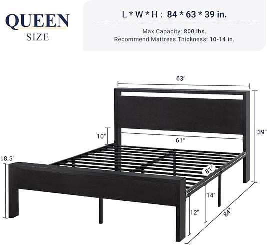 Allewie Queen Size Platform Bed Frame with Wooden Headboard and Footboard, Heavy Duty 12 Metal Slats Support, No Box Spring Needed, Under-Bed Storage, Noise Free, Easy Assembly, Black Oak