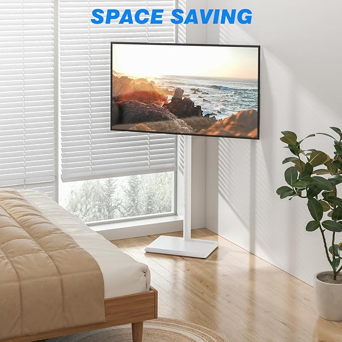 Rfiver Swivel Floor TV Stand with Mount for 28-60 inch TVs up to 88 lbs, Height Adjustable Tall TV Stand with Wood Base, Saving Space Design for Bedroom, Living Room and Corner, White