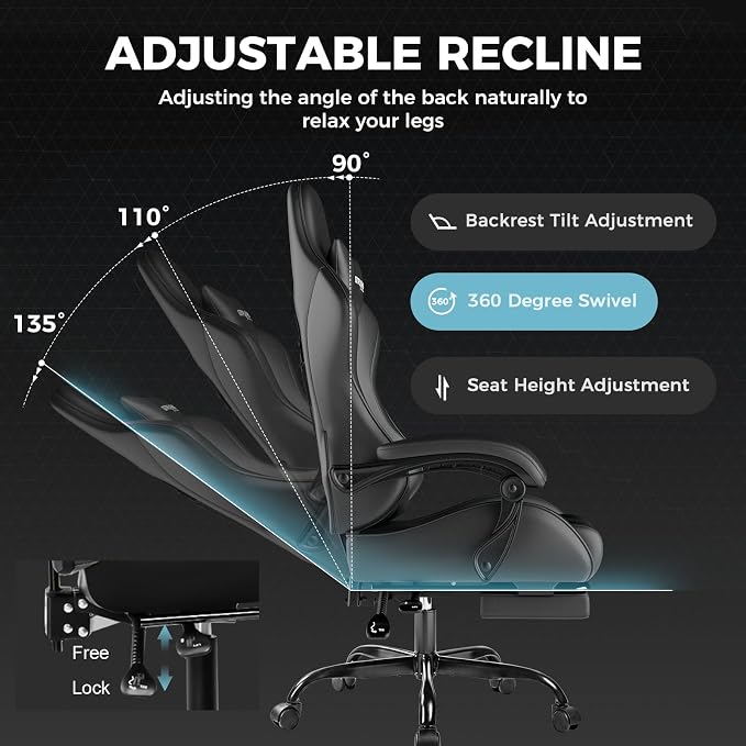 GTPLAYER Gaming Chair, Computer Chair with Footrest and Lumbar Support, Height Adjustable Game Chair with 360°-Swivel Seat and Headrest and for Office or Gaming (Faux Leather, Black)