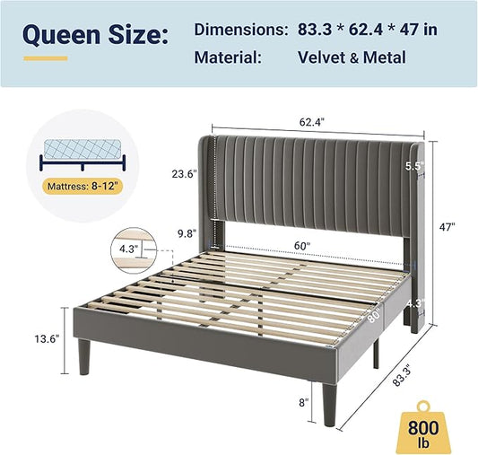 Allewie Queen Size Velvet Bed Frame/Vertical Channel Tufted Wingback Headboard/Upholstered Platform Bed/Strong Wooden Slats/No Box Spring Needed/Easy Assembly/Grey