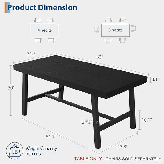 GarveeHome Industrial Dining Table for 4-6 People, 63" Long Large Kitchen Table with Sturdy Metal Frame, Rectangular Counter for Dinner, Kitchen, Dining Room (Black, 63" Non-extendable)