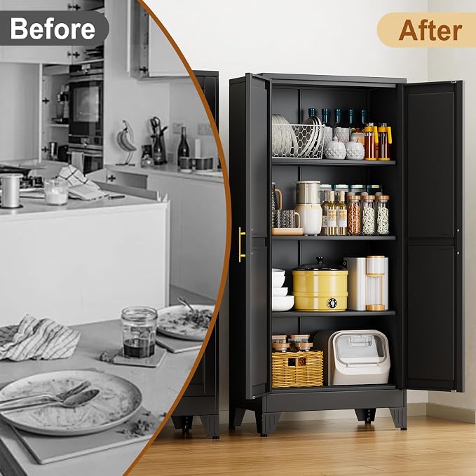 61" Black Metal Storage Cabinet with 2 Doors and 3 Adjustable Shelves,Steel Garage Tool Cabinet, File Cabinet,Kitchen Pantry Cabinet for Home,Office,Garage,School,Warehouse