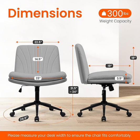 Orange Factory Criss Cross Chair with Wheels Comfy Wide Vanity Desk Chair Dual Base Leather Armless Adjustable Swivel for Home Computer Task (Grey Pu, Faux Leather)