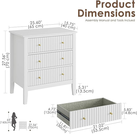 Night Stand, Fluted 3 Drawer Wide Farmhouse Nightstand with Gold Handle, Modern Wooden Bedside End Table for Bedroom, Living Room, White